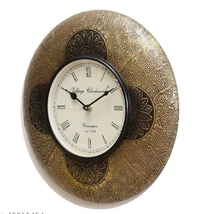 Beautiful Wooden Rajasthani Art Work Wall Clock - Golden/ Black, Wooden, Acrylic/ Decorative Clock, Pack of 1, Round